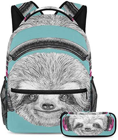 DJ Sloth Portrait con cuffie divertente personaggio moderno Cool Smiling School Bag Set per ragazzi studenti zaino zaino con astuccio per matite per bambini secondar