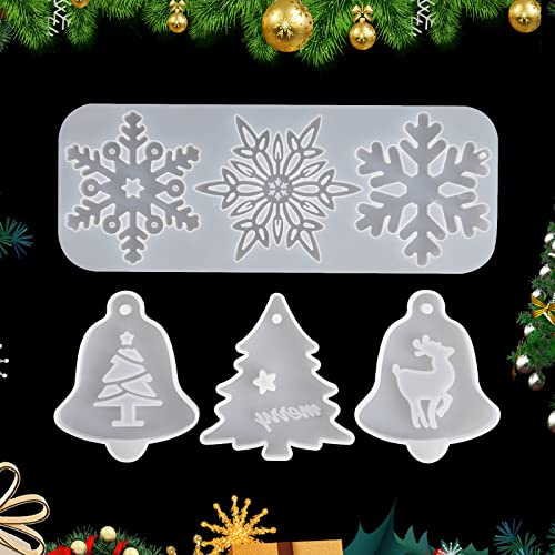 Aohcae 4 Stück Silikonform Weihnachten, Resin Formen Silikon Schneeflocke Silikonform Seifenform Weihnachten Silikonformen Epoxidharz Inklusive Schneeflocken, Elch, Weihnachtsbaum