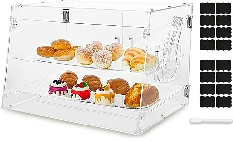 2 Tray Commercial Countertop Bakery Display Case 21.6 x 15.7 x 15.7 Acrylic Pastry Display Case with Serving Tong, Bread Display Case with Front & Rear Doors