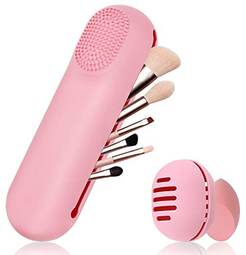 Yotako Support pour pinceaux de maquillage en silicone, 1 rangement pour pinceaux de maquillage et 1 étui mélangeur de beauté, sac de voyage portable, facile à nettoyer, doux et portable - Rose, Rose,
