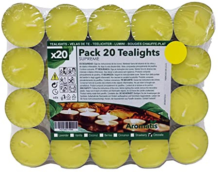 AROMATIS - 20 x Teelichter mit Zitronengras-Duft, Anti-Mücken, einzelne Duftkerzen, Ø 39 mm, ideal für Aromatherapie, Dekoration, Ambiente, Essenzbrenner