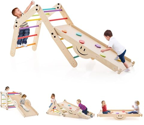 COSTWAY 5 en 1 Échelle d'escalade Montessori Enfant avec Rampe Double Face & Réglable, Triangle d'escalade Pliable en Bois avec Toboggan & Bascule, Intérieur, Charge 60kg pour Enfant de 3 Ans+