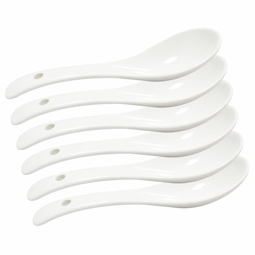 Lotatheta White 6 pcs Porcelain Soup Spoon Ceramic Round-Bottom Asia Rice Spoons Chinese Won Ton Spoons for Home Kitchen Restaurant