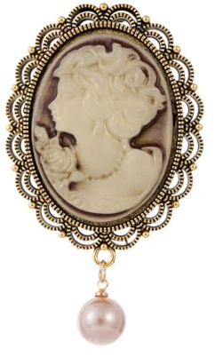 Broche camée victorienne pour femmes et filles avec perle pendante - Portrait de beauté - Épinglettes pour écharpe, badge, vêtements, accessoires de robe, Métal, Perle