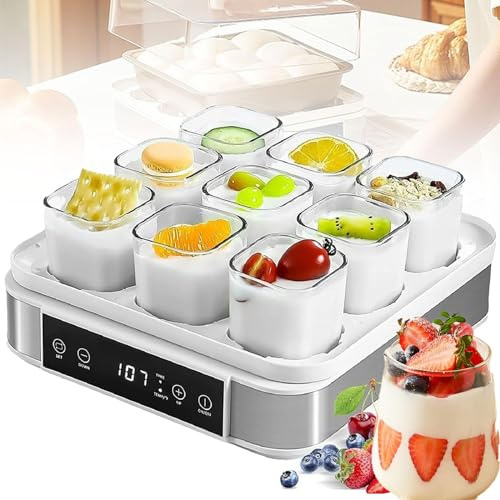 Yogurtera Digital Automática De 9 Tarros, Máquina De Yogur De Fermentación Pequeña Con Pantalla Lcd, Fermentador De Masa, Control De Temperatura Y Tiempo Ajustable, Diseño Visible De 360° Para Vino De