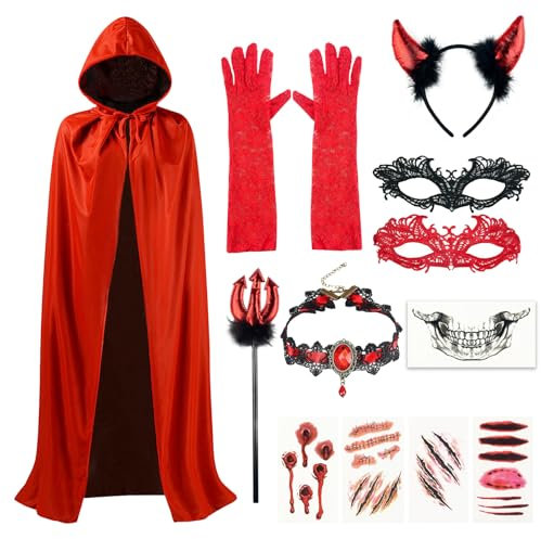 magnetspiele 1.5M Teufel Kostüm Damen Vampir Kostüm, Umhang Roter Kapuzenumhang, Halloween Kostüm Teufel, Halloween Doppelseitig Vampir Umhang Erwachsene für Karneval Kostüm Party