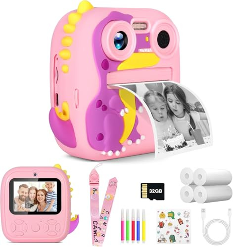 OKYUK Appareil photo instantané pour enfants, appareil photo HD 1080P avec 4 rouleaux de papier d'impression et carte SD 32 G, double lentille de 2,4 pouces, appareil photo pour enfants(Dinosaure rose