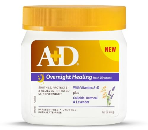 A+D Overnight Healing Diaper Rash Ointment - Soothes, Protects & Relieves Diaper Rash Overnight with Lavender & Colloidal Oatmeal - Healing Ointment for Red, Itchy, Irritated Skin - 15.2 oz Jar