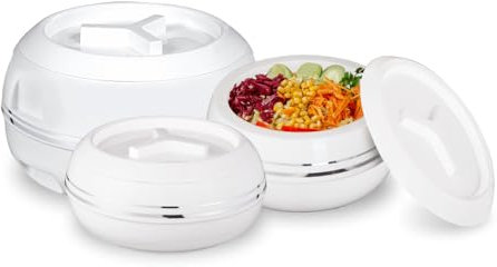 M1SS White Insulated Casserole Dishes with Lid 3 pc Set - 2.5/3.2/5.5 litre Hot Pot Food Warmer, Cooler Stainless Steel Food Container - Soup/Salad Serving Dishes - Gift Set for Christmas, Wedding