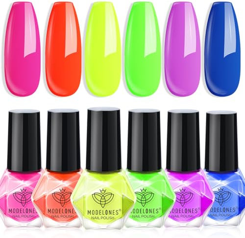 MODELONES Nagellack Neon, 6 Farben Neon Nagellack Schnelltrocknend Orange Grün Blau Gelb Violett Rosa Sommer Nail Polish Set, Langanhaltender Gel Polish Set für DIY Salon Geschenk Maniküre