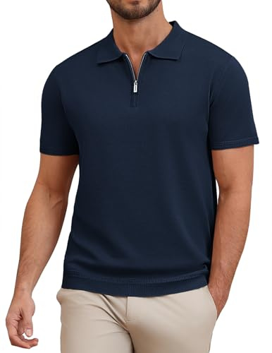 COOFANDY Kortärmad poloskjorta för män sommar dragkedja polotröja is stickad polo t-shirts golfskjorta, Marinblått Xsp, L
