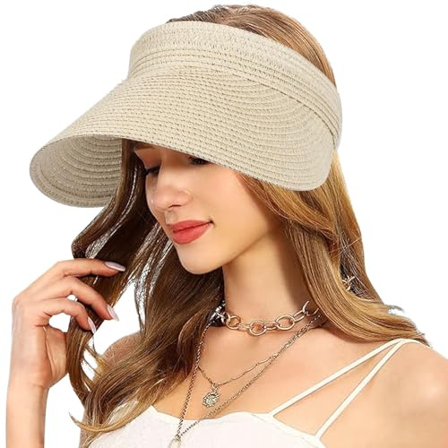 Mayoii Straw Visor Hat Women Sun Visor Hat Rollable Ladies Wide Brim Straw Foldable Summer Topless Sunhats for Womens Adjustable Beach Cap