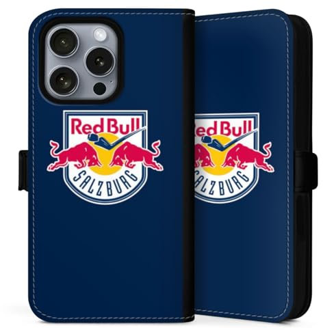 Klapphülle kompatibel mit Apple iPhone 16 Pro Max Handyhülle aus Kunst Leder schwarz Flip Case EC Red Bull Salzburg Offizielles Lizenzprodukt Eishockey