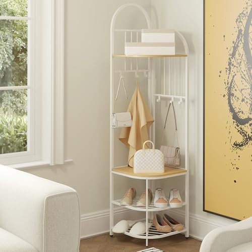 GIANTEX Porte-Manteau d'Angle sur Pieds, Portant à Vêtements en Métal 42 x 180 CM, 6 Crochets Amovibles, Coins Arrondis, Kits Anti-basculement, Vestiaire d'Entrée pour Chambre, Salon (Naturel)