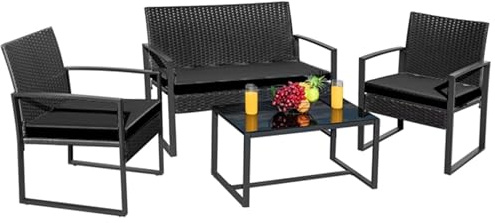 Megashopitalia Set Salotto da Giardino in Rattan PE – 5 Pezzi con Cuscini Sfoderabili e Tavolo con Piano in Vetro Temperato