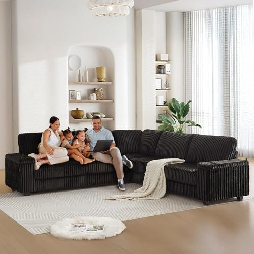 MAKIAAP Oversized L-Shaped Sectional Sofa, Plush Corduroy Deep Seat Couch, Large V Shaped Corner Couch with Storage, USB Charging, Cup Holder, Modern Upholstered Sectional for Living Room (Black)