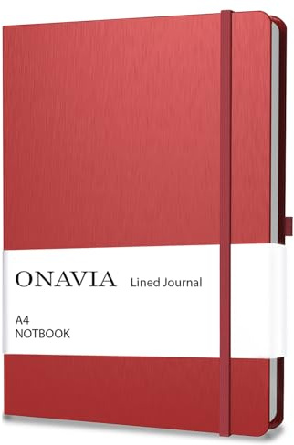 ONAVIA Diario a righe formato A4, blocco note a righe da 8 mm, per scrivere, lavoro, scuola, viaggi e prendere appunti, copertina rigida, 160 pagine (80 fogli) 21 x 29,5 cm (rosso)