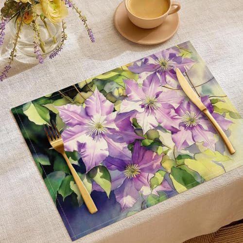 Juego De 4 Manteles Individuales De Tela, Manteles Individuales Clemátide Sunshine Planta De Acuarela, Mantele Individuale De Lino Y Algodón Decoración De Comedor, 45X30Cm