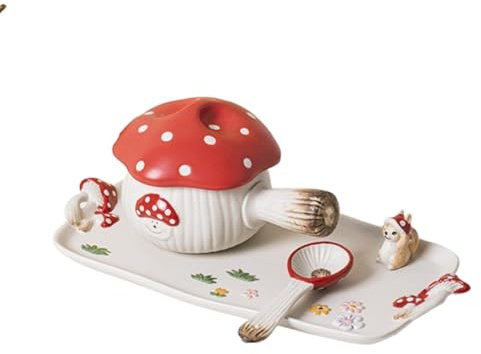 3Pcs Mushroom Ceramic Tableware Set Unique Mushroom Bowl Cute French Onion Soup Bowl with Handle and Lid, Serving Tray and spoon Lava Cakes, Creme Brulee, Egg cooker. Breakfast, Lunch, Dinner, Noodle