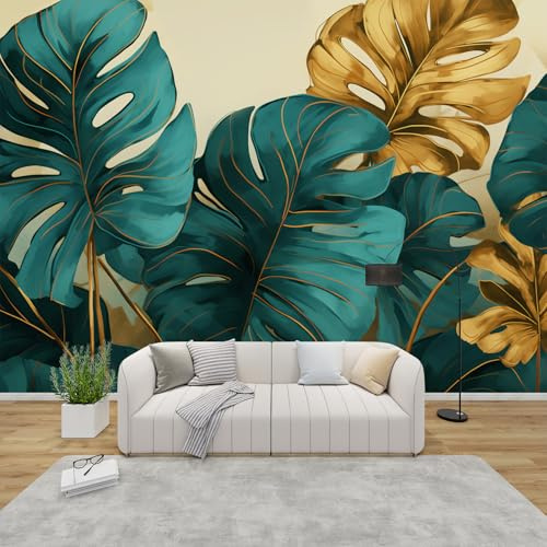 QEODAH Monstera Wallpaper for Living Room, Tropical Leaves Wall Art for Bedroom, Green and Gold Wall Murals for Bedrooms, Renter Friendly Removable Waterproof Non-Woven Photo Wallpaper 3D, 366x254 cm