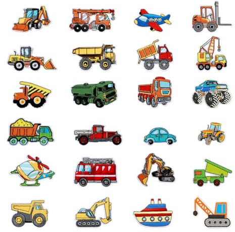 24 Stück Bügelpatch Kinder, Flicken zum Aufbügeln Kinder Fahrzeug-Motive mit Vielfältige Fahrzeuggrafiken in leuchtenden Farben für Kleidung Rucksack DIY ohne Nähen