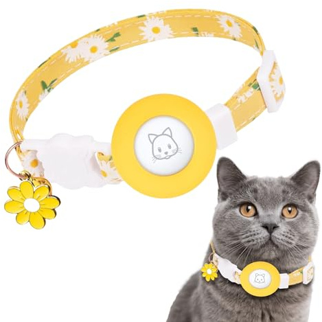 AIITLE Breakaway-Katzenhalsband mit Glöckchen und AirTag-Hülle – Abnehmbares Halsband aus weicher Baumwolle für Katzen im Innen- und Außenbereich, Verstellbarer Halsumfang 17,8–30 cm (gelb)