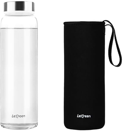 LETREEN Glass Water Bottle 1 Litre, Wide Mouth Water Bottle 1L with Neoprene Sleeve, BPA-Free Leak Proof Reusable 1000ML Drinking Bottles for Hot Cold Drinks, Work, Gym, Home, 1 Pack