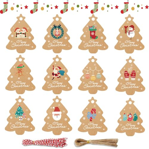 CHIHOLEN 96 Stück Weihnachten Geschenkanhänger Kraftpapier, Weihnachtsbaum Görmige Etiketten mit Schnur, Christmas Tags für Geschenkverpackung Weihnachtsbaum Dekoration