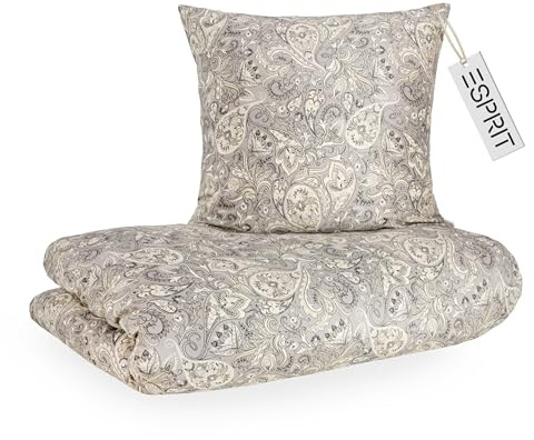 Juego de ropa de cama de satén Esprit 140x200 algodón gris - Funda nórdica de Boho Paisley + Funda de almohada 70x90 cm - Juego de ropa de cama de lujo de 2 piezas en calidad hotelera con cremallera