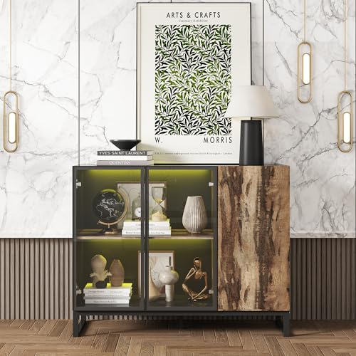 DEZAGCE Sideboard with LED Lights, Storage Cabinet Featuring 2 Glass & 1 Wood Door，Display Cabinet with Open Compartment for Living Room Dining Room, Black