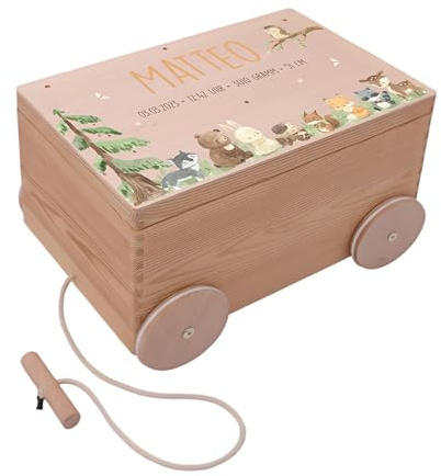 Kidsmood - Spielzeugwagen, personalisiert mit Namen – Spielzeugkiste zum Ziehen, Holzkiste mit Deckel, Aufbewahrungsbox für Baby Spielzeuge, Tolle Erinnerungskiste Baby, Geschenk zur Geburt & Taufe