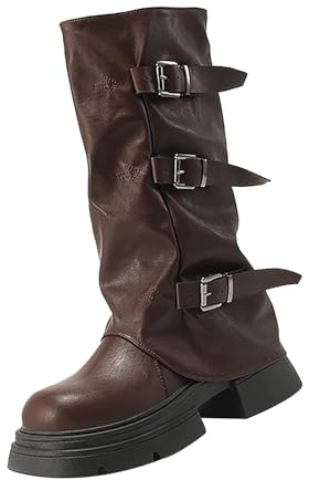 Générique Plattformsstövlar dam rund tå stövel med spänne rem slouchy boot enfärgad ledig sko tunna vader stövletter dam platta läder, kaffe, 38 EU