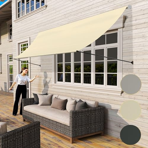UISEBRT Fallarmmarkise Fenstermarkise einziehbar 350x145 cm, Balkonmarkise mit Kordel und Aluminium Stützstange,Sonnenmarkise UV-Schutz Wetterfest für Fenster Terrasse Balkon, Beige