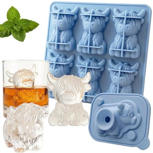 Juego de 6 + 1 molde grande para cubitos de hielo de 5 cm, bandeja para cubitos de hielo Highlander de silicona con diseño de animales 3D (6 compartimentos + 1 individual), sin BPA, para whisky
