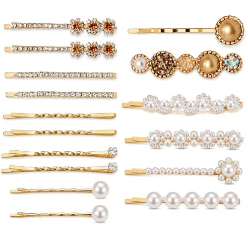 Aribliseza Forcine per capelli 16 pezzi, accessori decorativi dorati con perle e strass, eleganti mollette per donna, adatte per tutti i giorni, feste, matrimonio e occasioni speciali