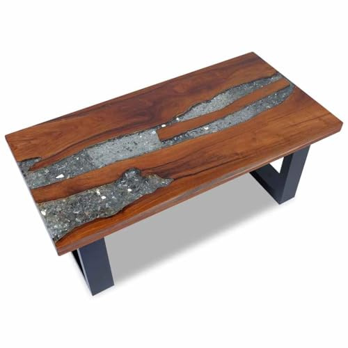 Mhdvray Couchtisch Teak Massivholz 100x50x40 cm - Rustikaler Wohnzimmertisch mit Harz und Mangoholz-Gestell - Einzigartiger Beistelltisch Handgefertigt für Wohnzimmer und Lounge