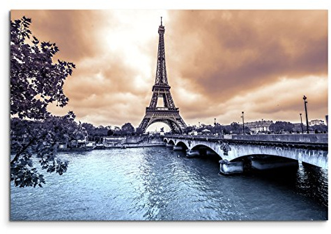 Paul Sinus Art 120x80cm Leinwandbild auf Keilrahmen Paris Eiffelturm Seine Brücke Winter Wolken Wandbild auf Leinwand als Panorama