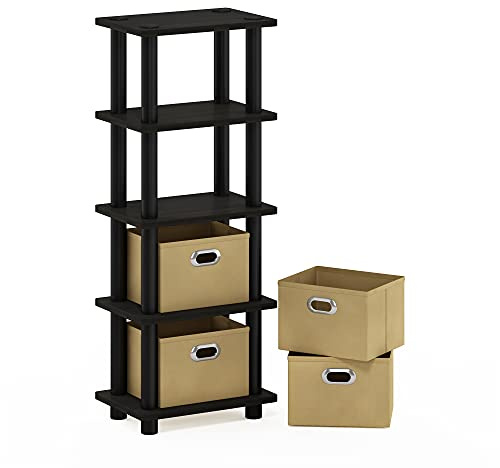 Furinno TURN-N-TUBE Storage Shelves, 4-Tier Toolless Narrow Book Shelf with Storage Bins, for Organization and Storage, Living Room, Garage, Home Office, Espresso