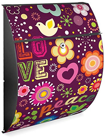 banjado Design Briefkasten - Modell Riviera 46x33,5x13cm groß - verzinkter Stahl anthrazit - Postkasten Öffnungsstopp großer A4 Einwurf Zylinderschloss 2 Schlüssel - Motiv Love and Peace