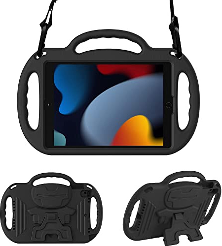 Surom Case for iPad 9th 8th 7th Gen 2021/2020/2019 10.2 Inch, Black | Light Weight Shock Proof Kids Tablet Case, Adjustable Shoulder Strap, Protable Handle, Sturdy Stand, iPad Air 3 10.5 2019