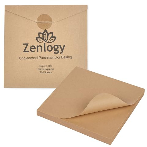 Zenlogy 10x10 Parchment Paper Squares (200 Sheets), Unbleached, High Heat, Non-stick, Pre-cut Baking Paper - Fits 10x10 Square Pans, Toaster Oven Trays, Air Fryer, Dehydrator - Baking and Roasting