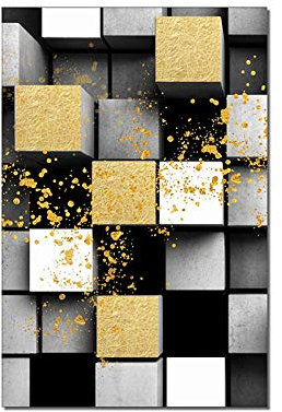 MWMG Acrylbilder Auf Leinwand Handgemalt,Schwarz-Weiß-Optische Täuschung Cube Goldfolie Verschönerung Textur Große Ölgemälde Kunst Moderne Abstrakte Kunst Leinwand Wandkunst Gemälde Wohnzimmer Sch
