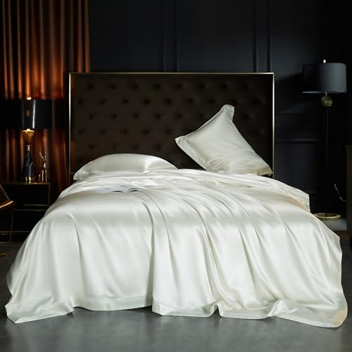 YOUR MOON 25 Momme Mulberry Silk Duvet Cover Queen Size, 3 PCS Set Top Grade Luxury Mulberry Silk Duvet Cover with Buttons Closure —1 Duvet Cover and 2 Pillow Shams (White)