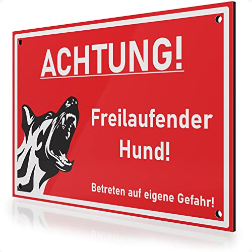 FLAGLY Warnschild Hund 30x20cm aus 3mm Alu Dibond inkl. Bohrungen MADE IN GERMANY - stabiles Hinweisschild/Warnschild, wetterfest & UV-beständig