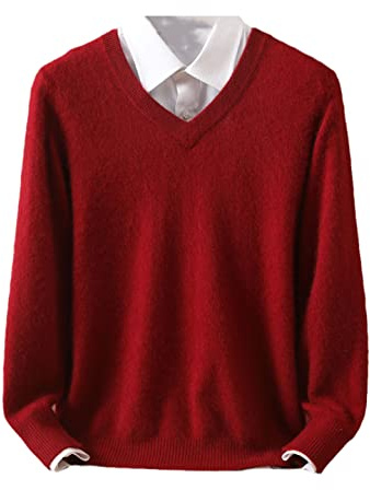 Vogrtcc Maglione da Uomo in Cashmere con Scollo a V, Pullover in Lana di Grande Taglia, Maglione per l'Inverno a Maniche Lunghe, Borgogna, XXL