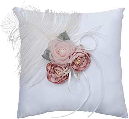UNKCEST Ringkissen Hochzeit Standesamt, Ehering-Kissen mit Satinband for für Ringträger (Stickerei ringkissen) - Weiß Brautkissen Träger Kissen Ringschachtel Ringhalter Kissen (20x20 cm, #132)