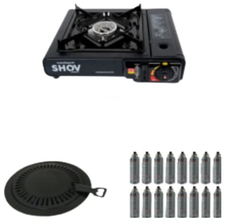 SHOV Gaskocher Campingkocher klein mit 16 Gaskartuschen inklusive Grillaufsatz und Tragekoffer/Aufbewahrungskoffer 2,2KW in schwarz