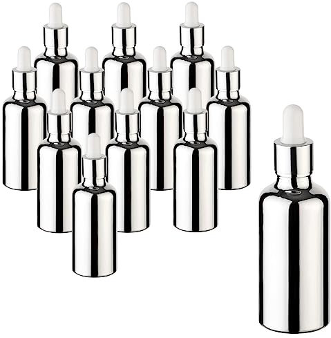 gouveo 12er Set Pipettenflaschen 50 ml aus Glas silberfarben - Leere Apothekerflasche aus Braunglas mit Silberfärbung - Tropfflasche mit Glaspipette für Essenzen, Öle, Parfüm