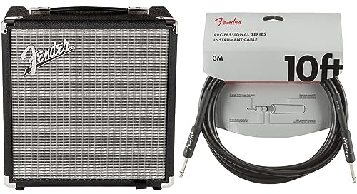 Fender Rumble 15-15W Electric Bass Guitar Combo Amplifier - Suitable for Electric Bass Guitar & 990820025 Professional Series Instrument Cable - 10 ft - STR/ANG - black, 3 metre