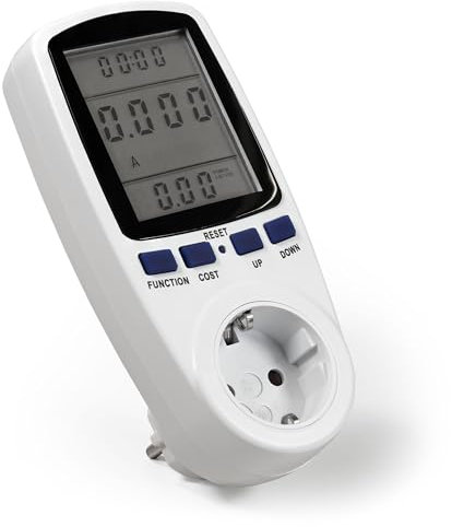 Energiekosten-Messgerät, Verbrauchs-/Kostenanzeige, kWh-Tarif einstellbar, LC-Display (60×47mm, blau), Überlastschutz, bis 3680W, 2P+E, 230V~, 50Hz, IP20
